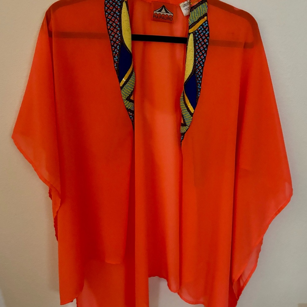 Mara Orange Sheer Kimono with Patterned Trim